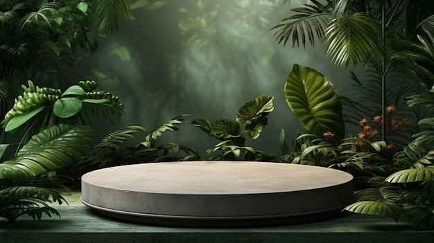 podium rond vide sur table en bois sur un fond vert foncé avec des feuilles et des plantes tropicales