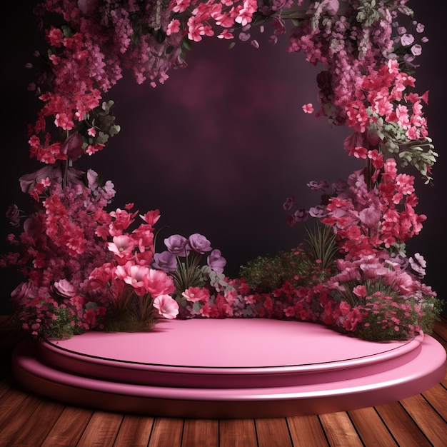 Photo podium rose 3d pour la présentation du produit arrière-plan plate-forme avec des fleurs