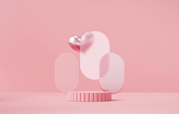 Podium rose avec coeur et décoration pour l'affichage du produit, rendu 3D sans génération d'IA