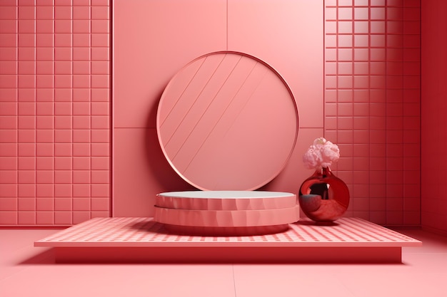 Un podium rose avec un miroir rond au mur