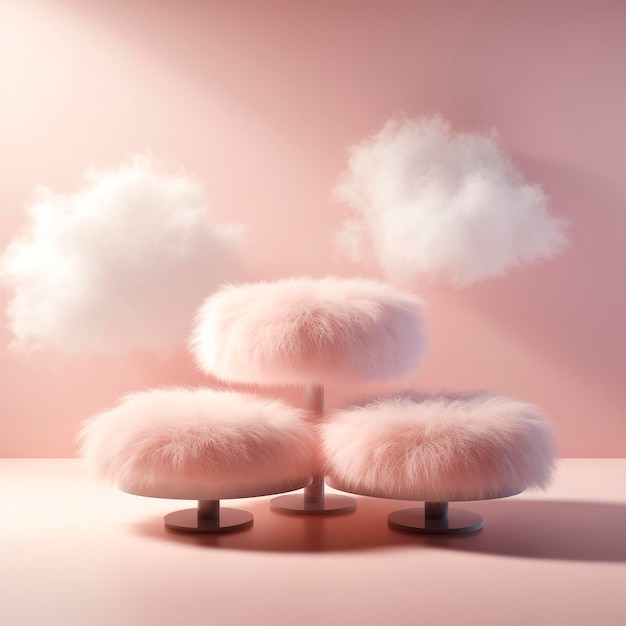 podium rose en peluche avec des nuages moelleux fond rose créatif pour la présentation publicitaire