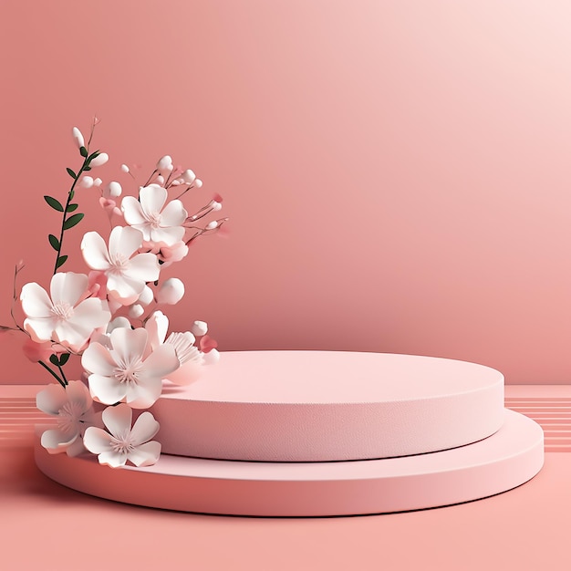 Podium rose pour bannière de promotion avec fond plat rose avec ornement de fleurs blanches sur le côté