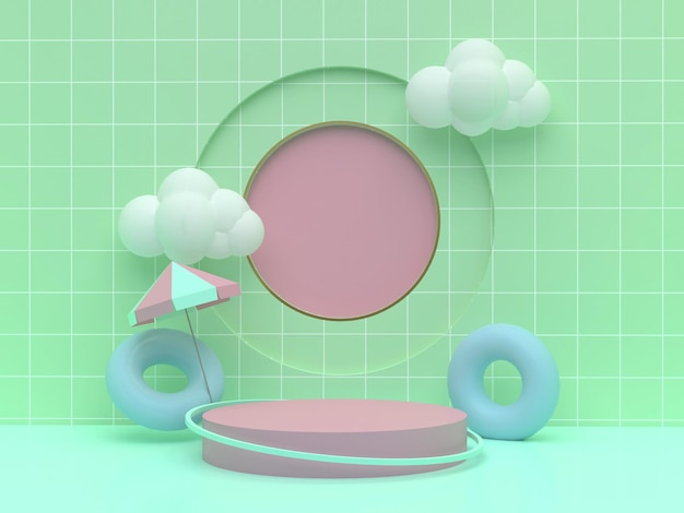 Podium rose avec thème plage avec cercle sur fond d'écran vert pastel Piédestal pour la présentation du produit enfant Rendu 3D géométrique