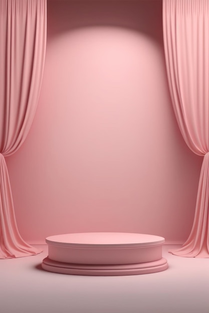 Podium rose vide avec des rideaux pour l'affichage du produit