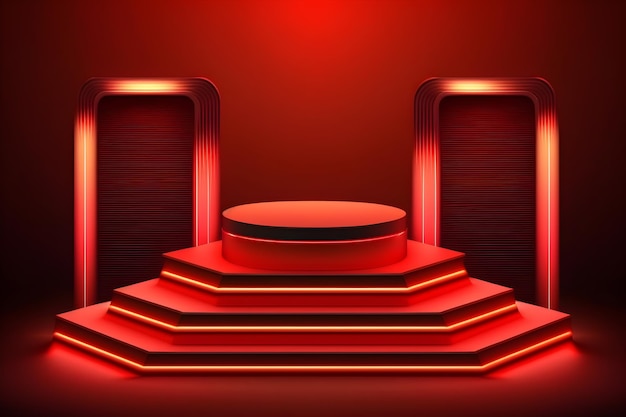 Podium rouge 3d abstrait avec salle en t avec maquette de néons lumineux pour la présentation du produit