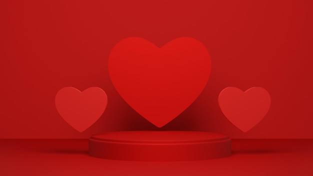 Photo podium rouge avec coeur pour la présentation du produit, espace de copie. rendu 3d. notion de saint-valentin.