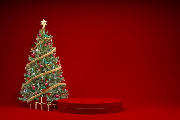 Podium rouge de Noël pour l'affichage des produits avec arbre de Noël et cadeaux rendu 3D