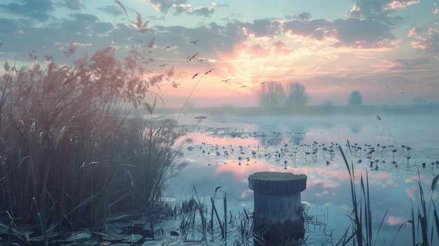 Un podium rustique entouré de cattails et de lys d'eau