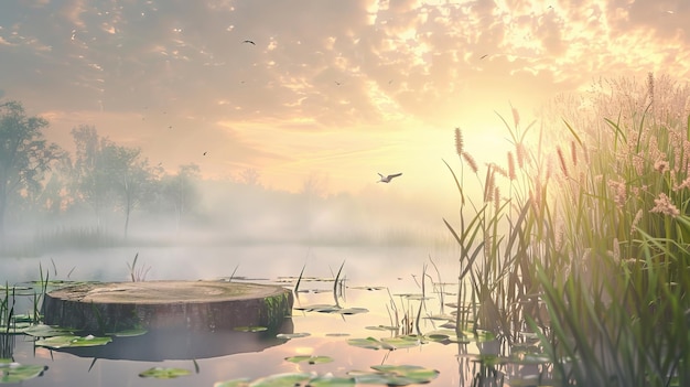 Photo un podium rustique entouré de cattails et de lys d'eau