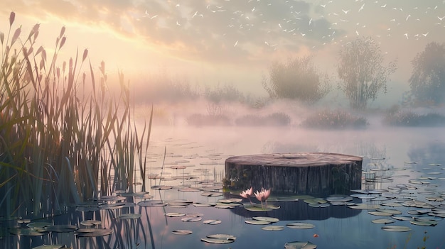 Un podium rustique entouré de cattails et de lys d'eau