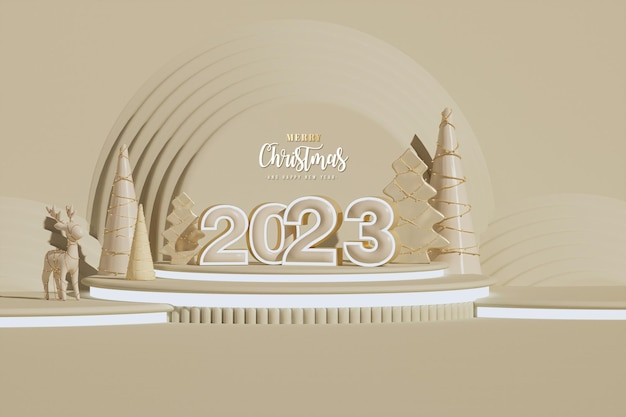 Podium de scène avec décor de Noël doré sur fond beige. Numéros 3D 2023 Bonne année.