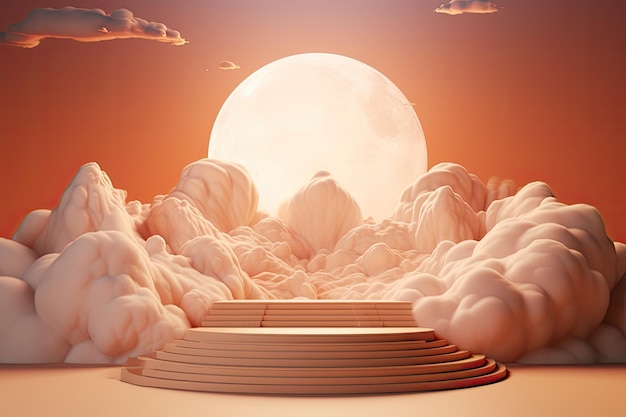 Podium de scène de produit premium 3d avec nuages et soleil dans une maquette de thème de couleur rose