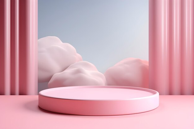 Podium de support de cylindre rose 3D pour produit d'affichage avec fond de nuages abstraits