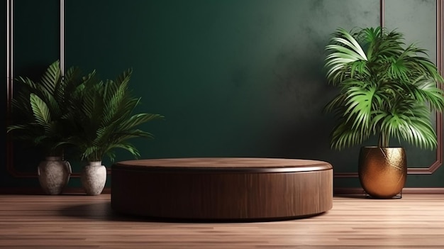 Podium de table basse en bois rond dans un salon de luxe Generative AI