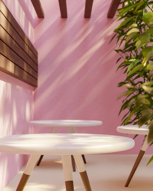 Podium de table ronde pour le placement de produit sur un restaurant de fond rose tropical confortable rendu 3d