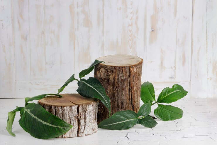 Photo podium de tranche de bois avec des feuilles et fond de texture bois