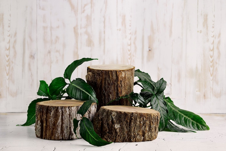 Photo podium de tranche de bois et feuilles sur mur en bois blanc