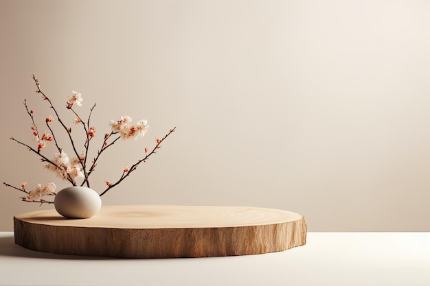 Podium en tranches de bois d'élégance naturelle et branches de printemps dans une exposition de produits modernes minimales