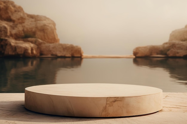 Un podium tranquille en pierre beige avec un espace de copie pour l'affichage des produits situé sur un rivage sur une toile de fond d'eau sereine avec des formations rocheuses sous un ciel brumeux évoquant un cadre naturel calme IA générative