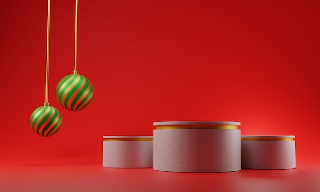 Podium de trois produits texturés en 3D avec boule de Noël