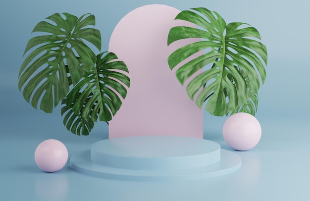 Podium tropical 3d aux couleurs bleues avec pour la présentation du produit