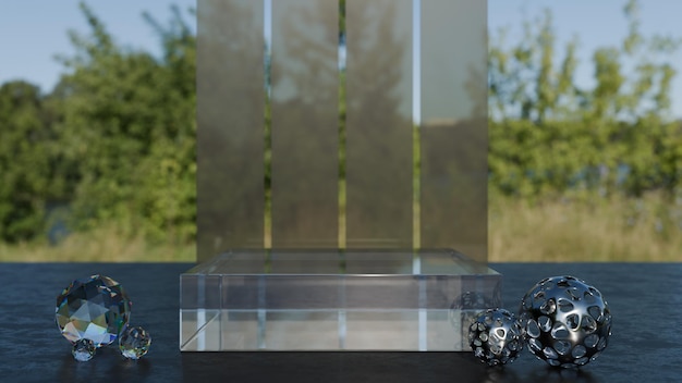 Podium en verre clair avec un fond naturel