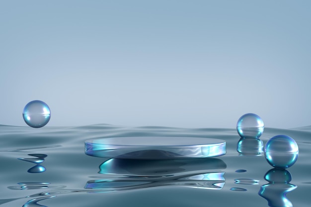 Podium en verre sur fond d'eau bleue