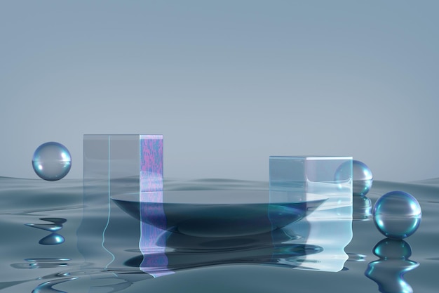 Podium en verre sur fond d'eau bleue
