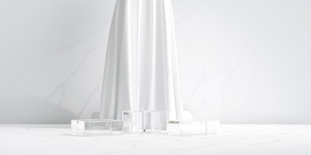 Podium en verre avec rideau en tissu fond blanc pour la présentation du produit rendu 3d