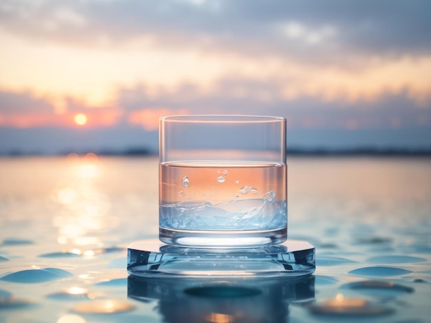 Podium en verre sur surface d'eau cristalline sur fond tendre