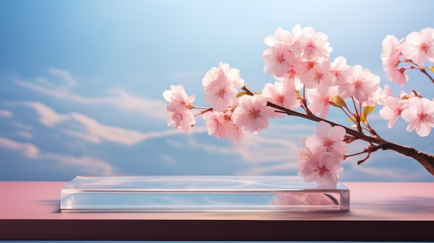 Podium en verre vide avec des branches de Sakura en fleurs sur le fond de la nature fait de naturel