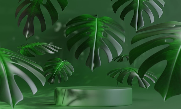 Podium vert avec feuille de Monstera pour la présentation du produit. Piédestal de beauté naturelle, illustration 3d