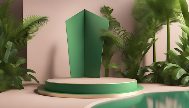Podium vert sur fond tropical moderne pour le rendu 3D du placement de produit