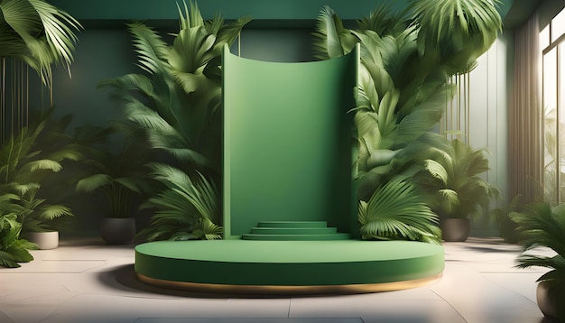 Podium vert sur fond tropical moderne pour le rendu 3D du placement de produit