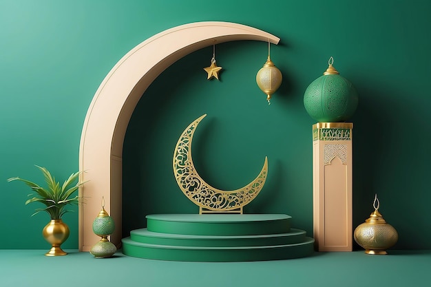 Podium vert islamique pour les ventes du ramadan Podium ballon de lune croissante Eid fitr adha mawlid isra miraj muharram