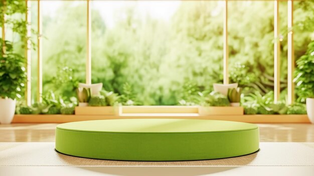 Photo podium vert vide sur fond intérieur de détente spa durable avec grande fenêtre et plantes en pot