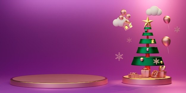 Podium vide avec arbre de Noël et ornements en composition pourpre ou violette pour une exposition sur scène moderne et une maquette minimaliste Concept Noël et une illustration 3D ou un rendu 3D festif du Nouvel An