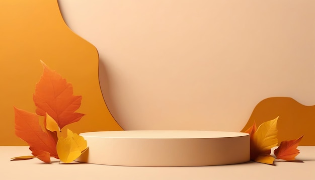 Podium vide avec une branche de feuilles d'automne pour montrer des produits cosmétiques