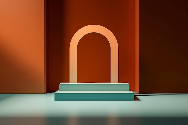 Un podium vide éclairé dans une pièce orange et bleue avec un éclairage aérien brillant