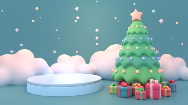 Photo podium vide rendu en 3d avec arbre de noël et cadeaux