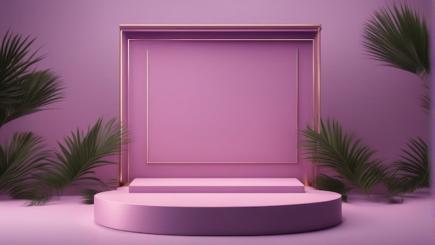 Podium violet clair abstrait avec cadre et fond de feuille de palmier rendu 3d