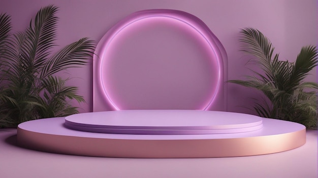 Podium violet clair abstrait avec cadre et fond de feuille de palmier rendu 3d