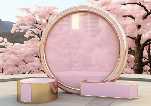 Des podiums d'affichage minimaux en 3D avec une fleur de cerisier Sakura en arrière-plan Présentation réaliste pour la publicité de produits AI Génératif