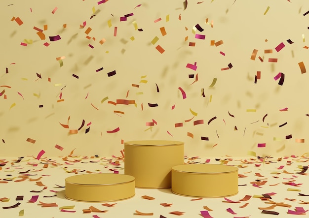 Podiums d'affichage de produits 3D jaune pastel confettis colorés célébration anniversaire luxe doré