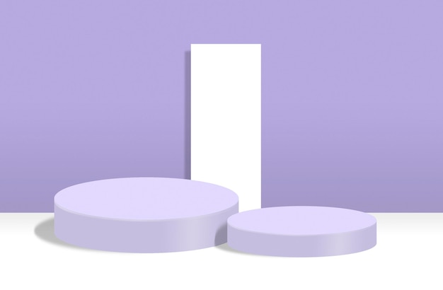 Podiums cylindriques sur fond violet pastel avec rectangle blanc pour l'affichage des produits