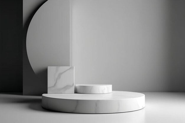 Des podiums en marbre blanc avec un mur gris