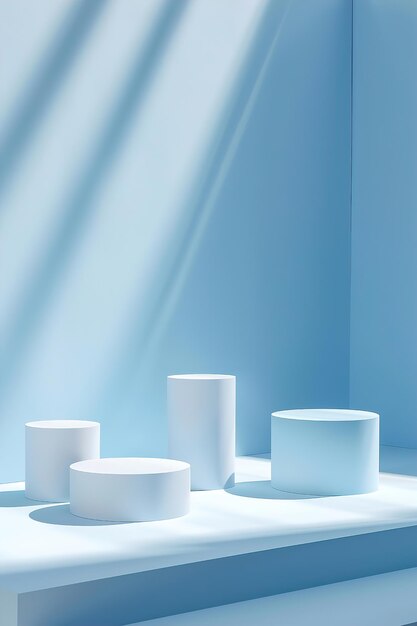 Des podiums minimalistes propres avec des ombres bleues douces pour une exposition élégante des produits