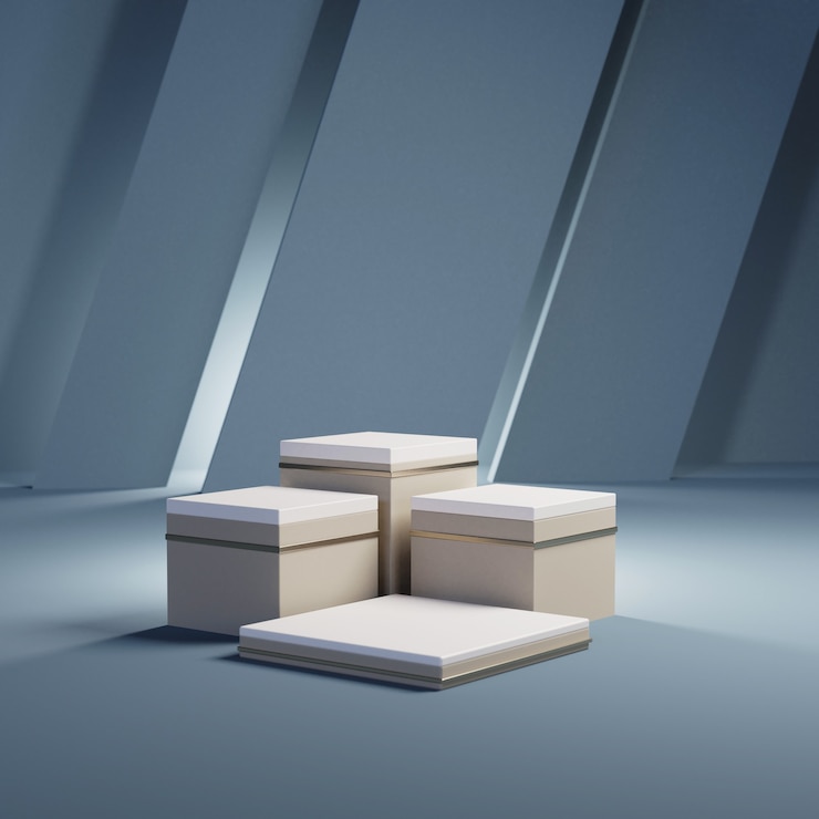 Photo podiums rectangulaires d'or sur bleu, rendu 3d