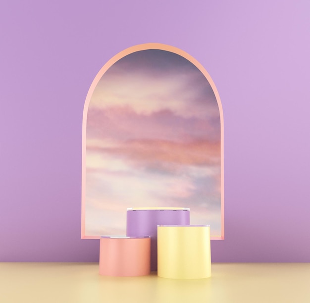 Podiums ronds pastel avec arc et fond violet ciel rendu 3d