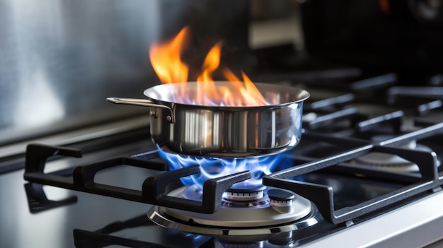 Poêle en acier inoxydable sur la plaque de cuisson cuisant sur une cuisinière à gaz le coût du gaz